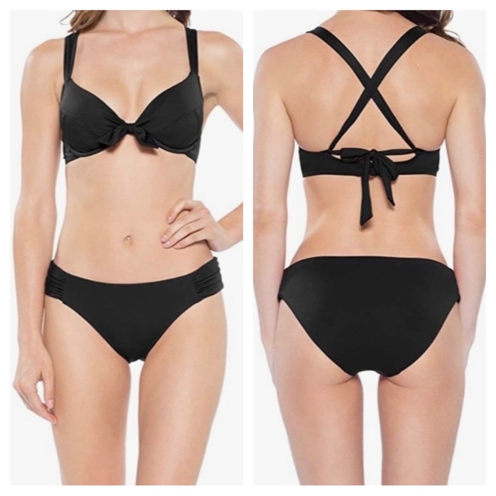BECCA • L • Black Bikini Multi-way Tie Front Top & Bikini Bottoms Set
